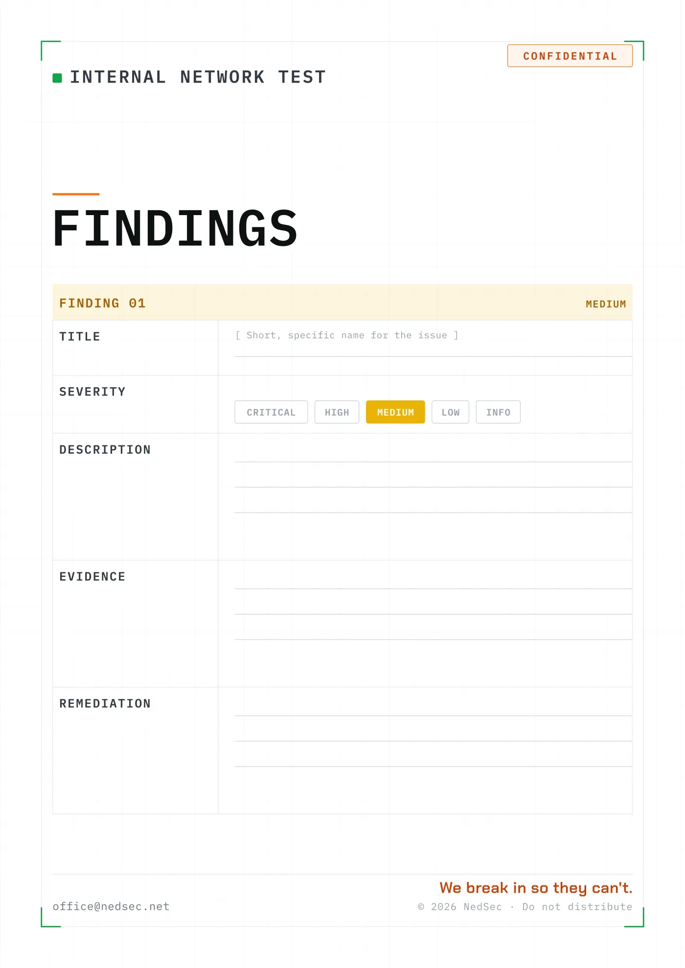 Findings section layout of the NedSec internal network penetration test report.