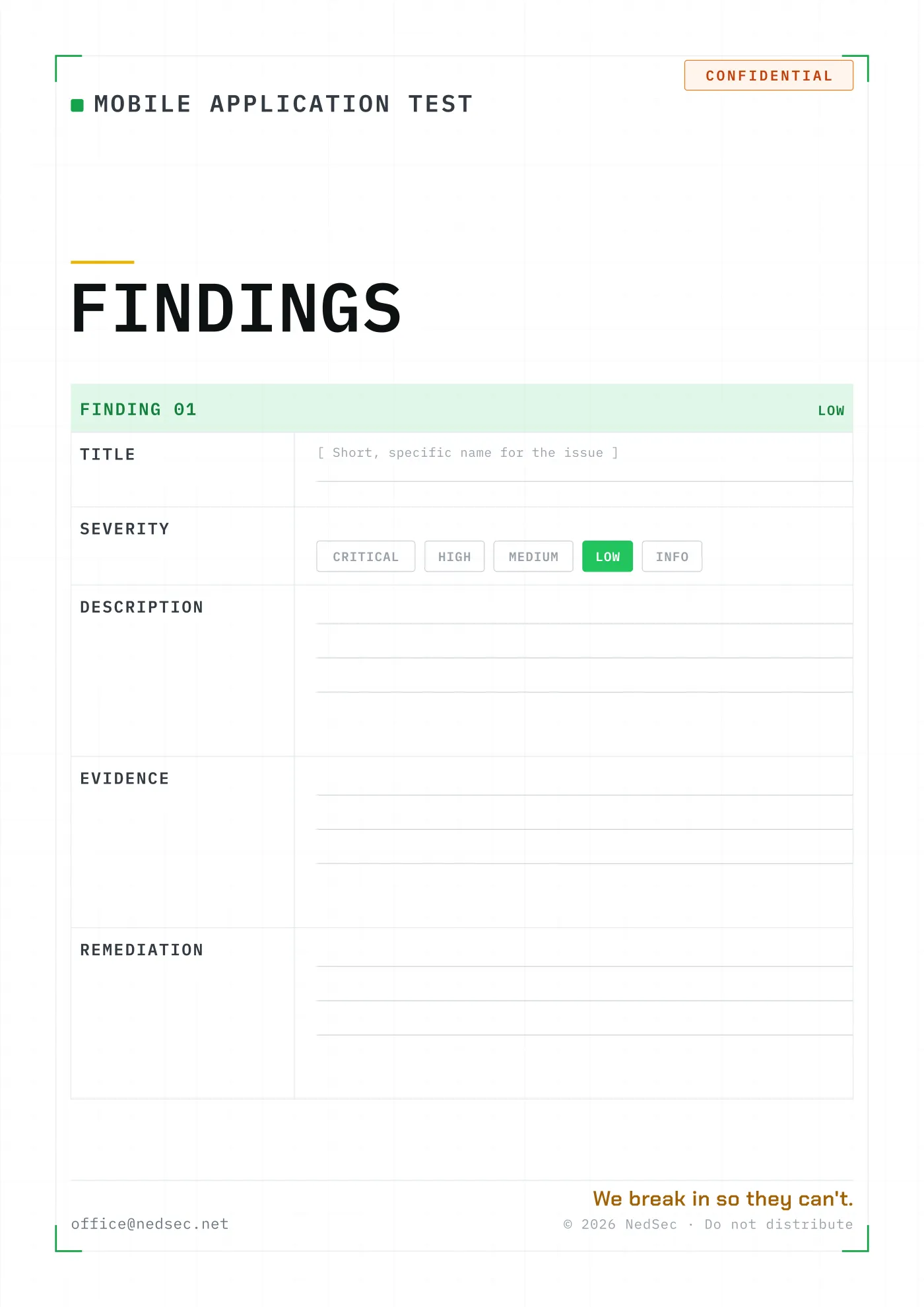 Findings section layout of the NedSec mobile application penetration test report.