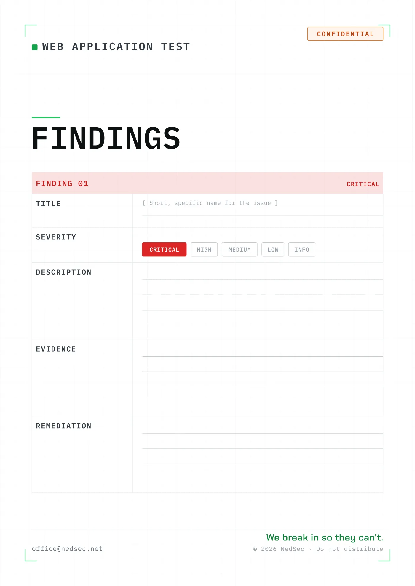 Findings section layout of the NedSec web application penetration test report.