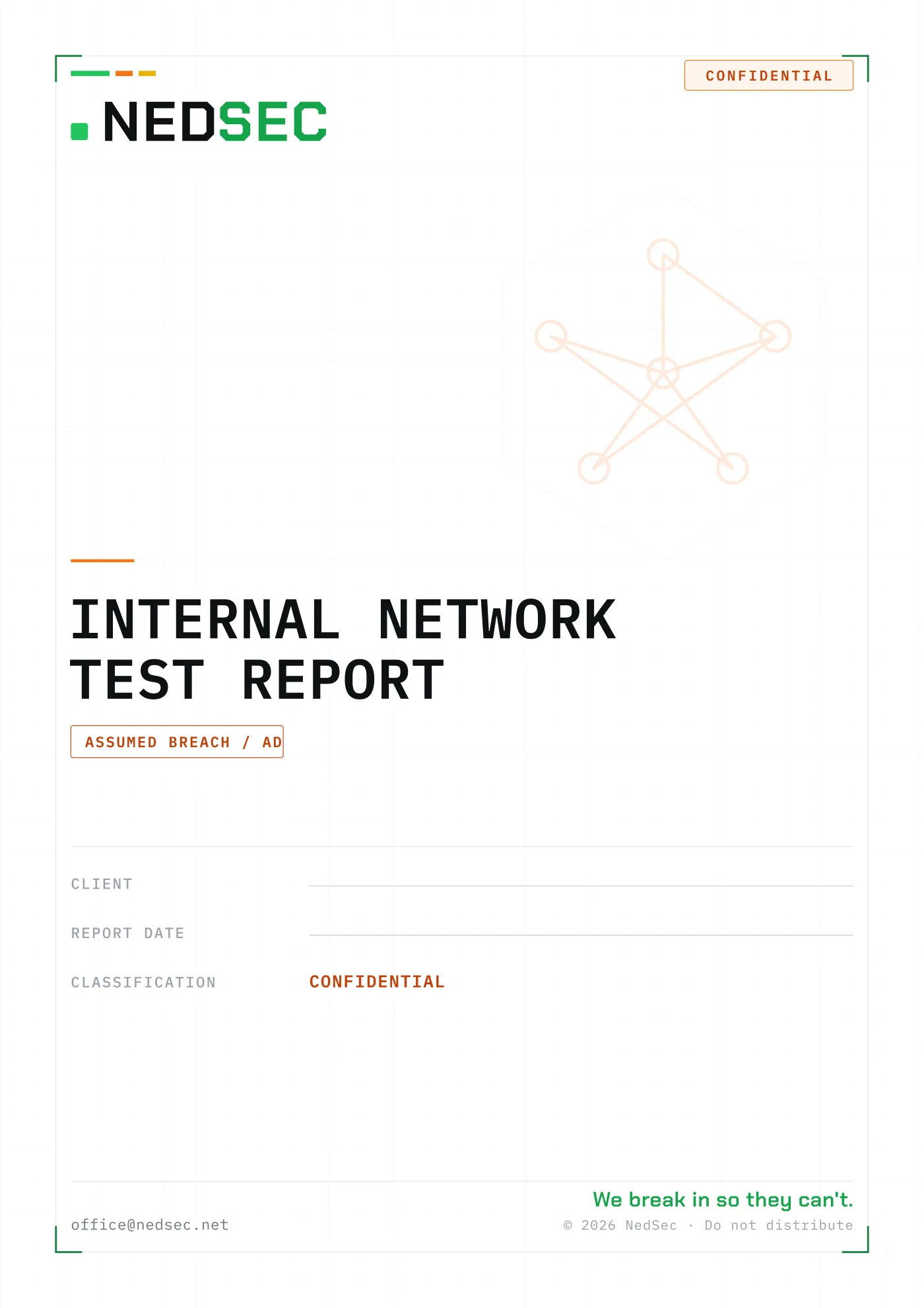 Cover page of the NedSec internal network penetration test report.