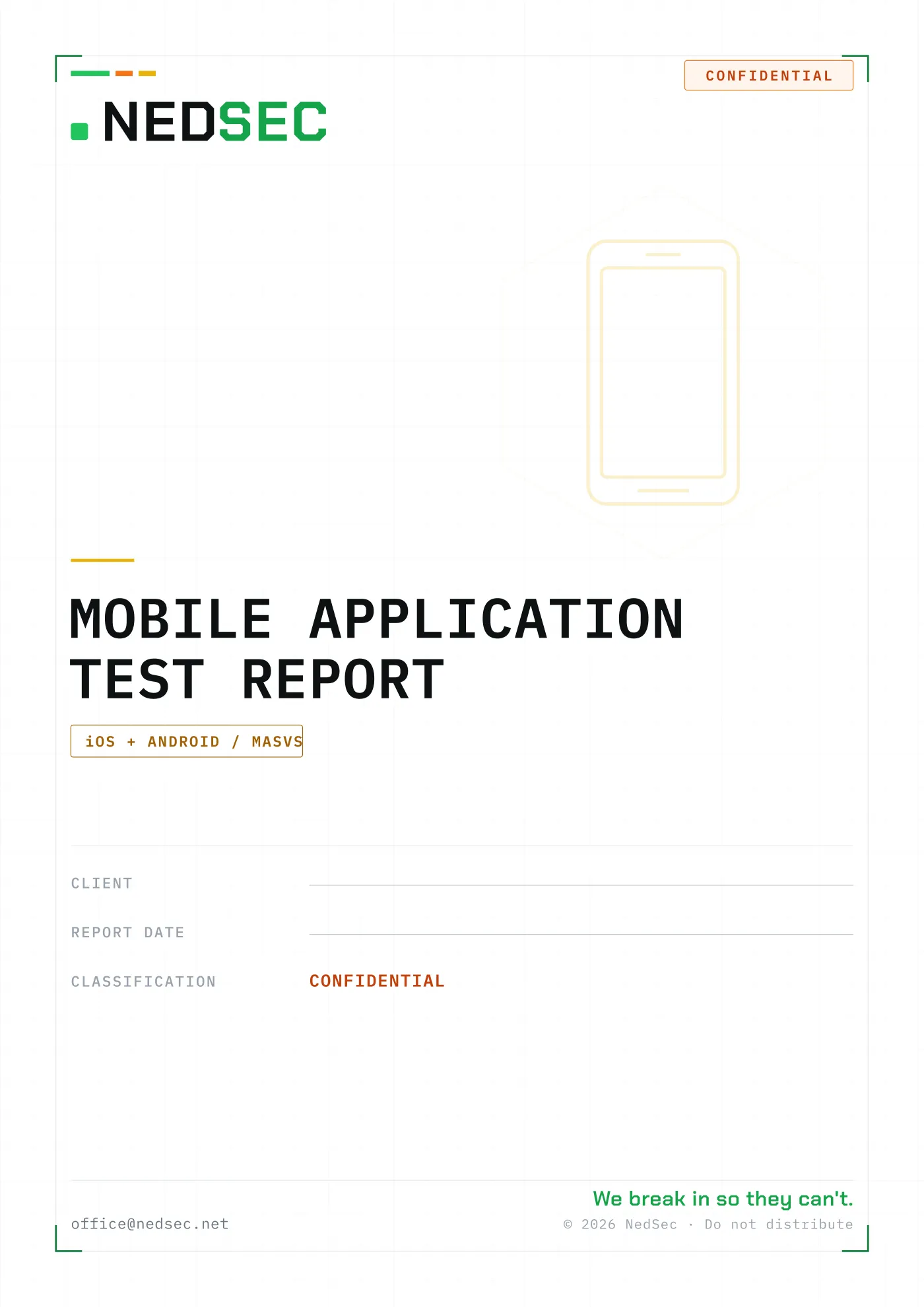 Cover page of the NedSec mobile application penetration test report.
